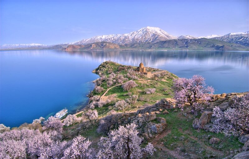 Island Church on Lake — Blue, Serene, Spring