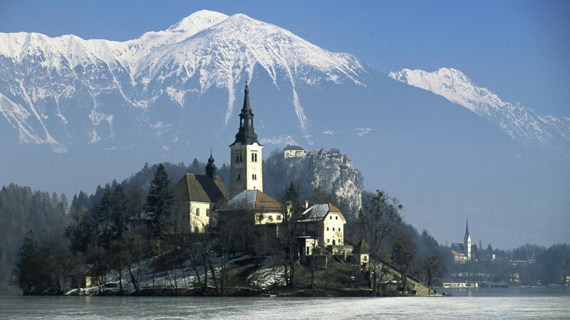 Island Church on Lake — Blue, Serene