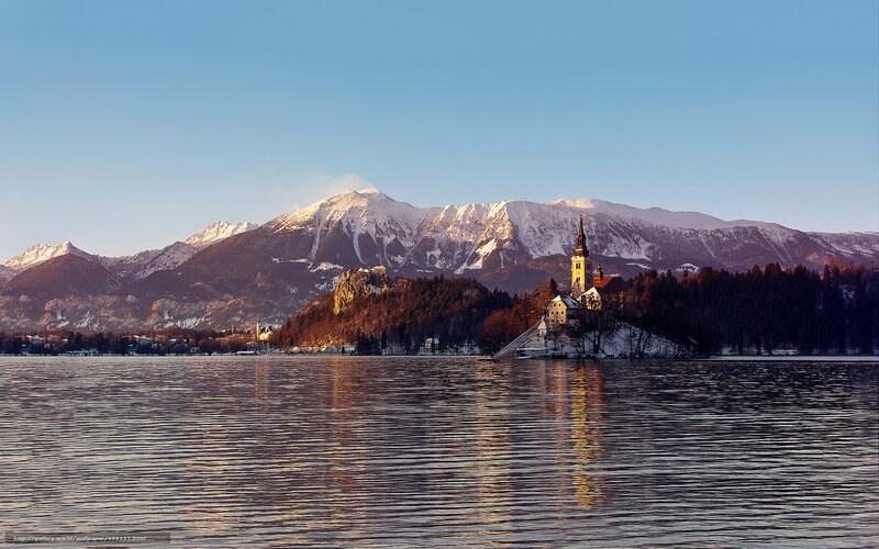 Island Church on Lake — Blue, Serene, Winter, Photograph