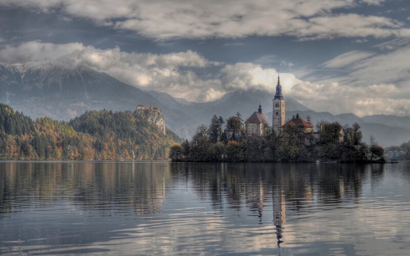 Island Church on Lake — Blue