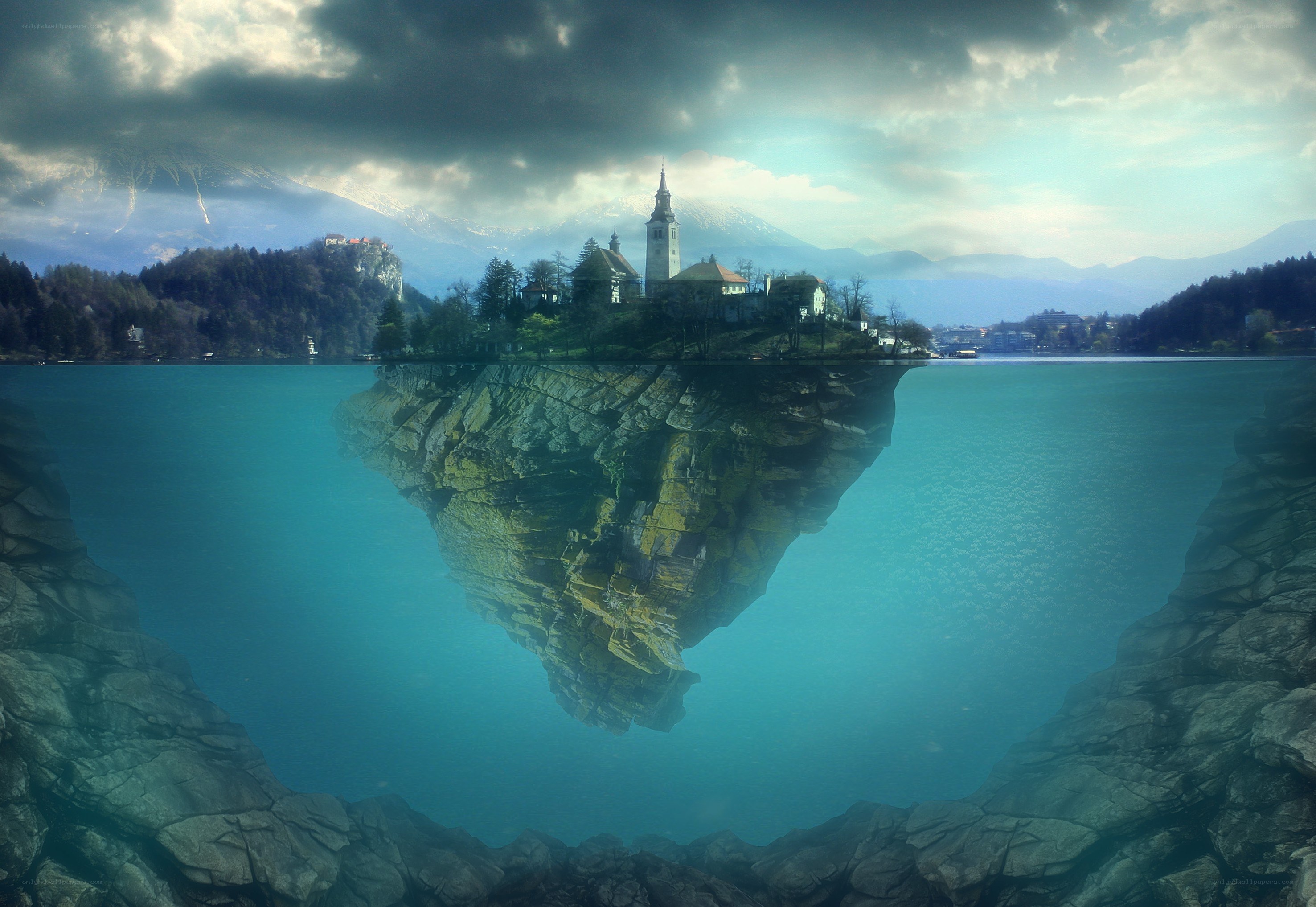 Island church with underwater reflection