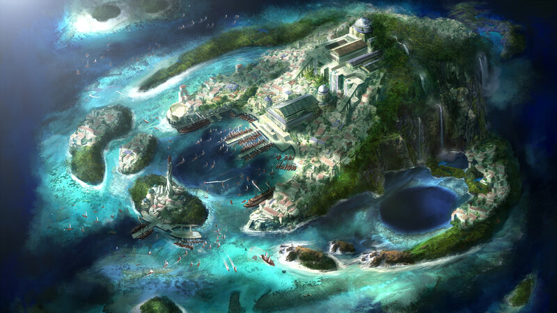 Island city with ancient architecture