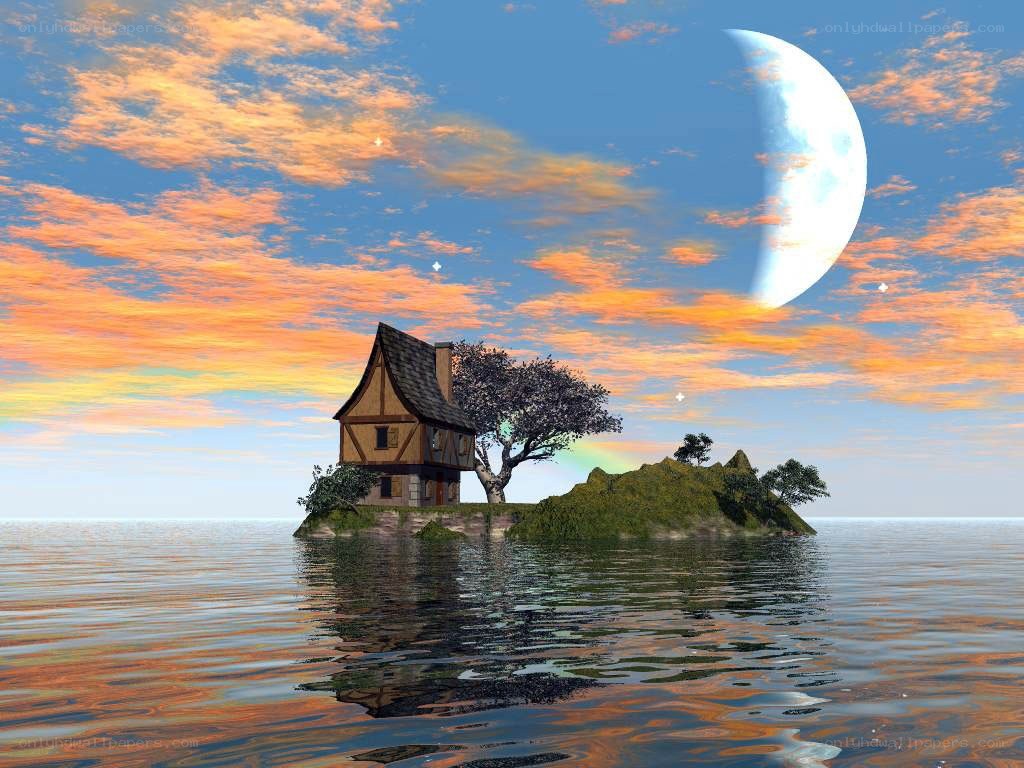 Island cottage at sunset