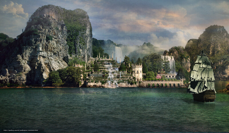Island fortress with sailing ship