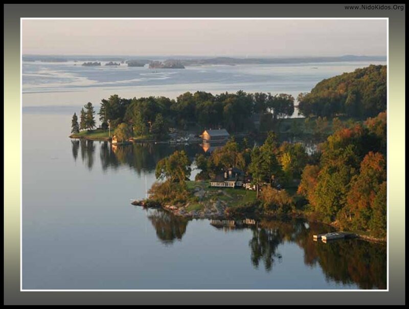 Island homes on a calm lake