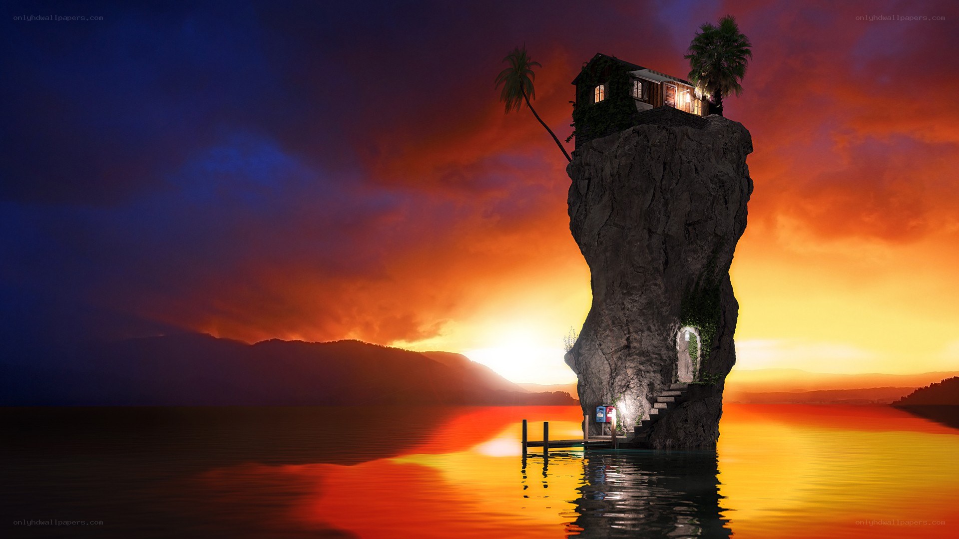 Island house at sunset
