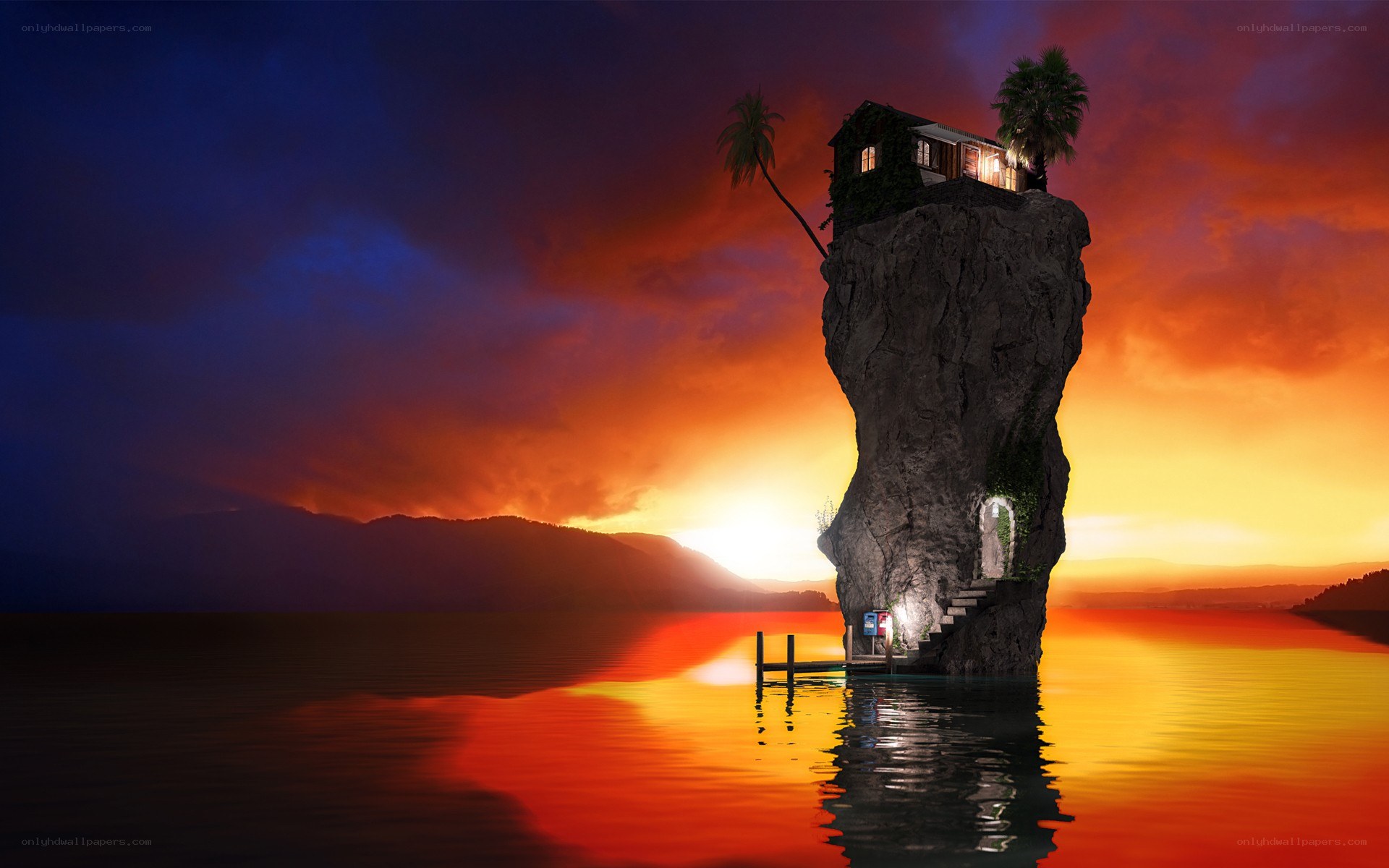 Island house at sunset