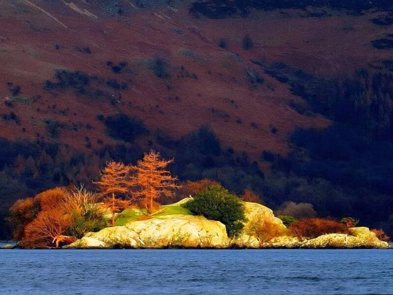 Island in a lake with autumn trees