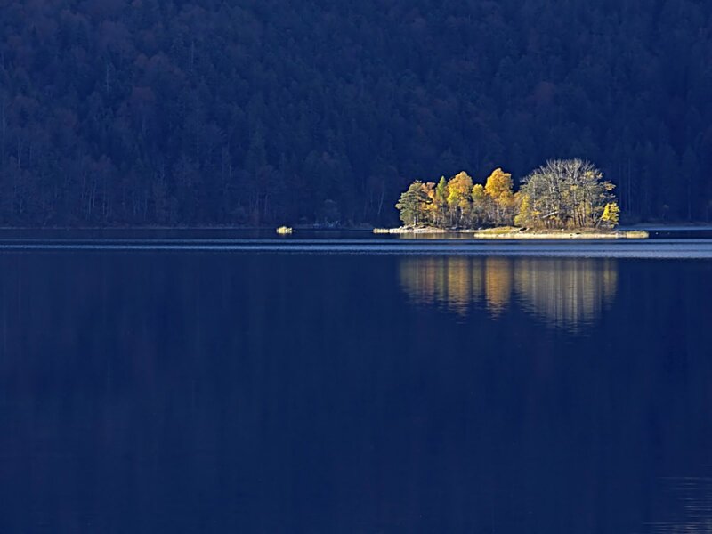 Island in autumn forest lake