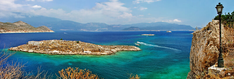 Island in Blue Sea — Serene, Afternoon, Photograph, Mountains
