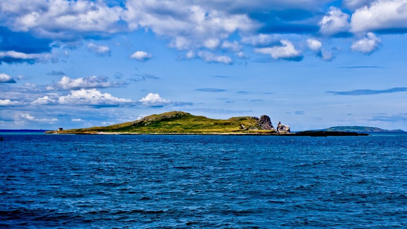 Island in Blue Sea — Serene, Afternoon, Photograph, Sky, Clouds