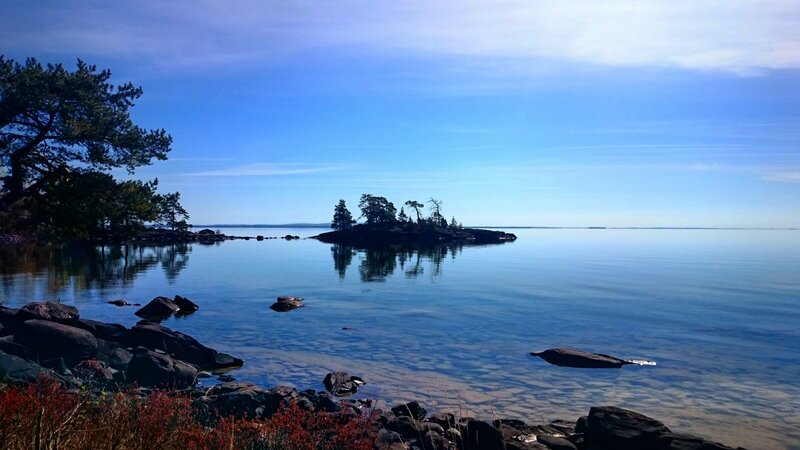 Island in Calm Lake — Blue, Serene