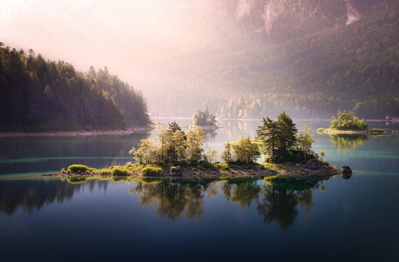 Island in Calm Lake — Blue