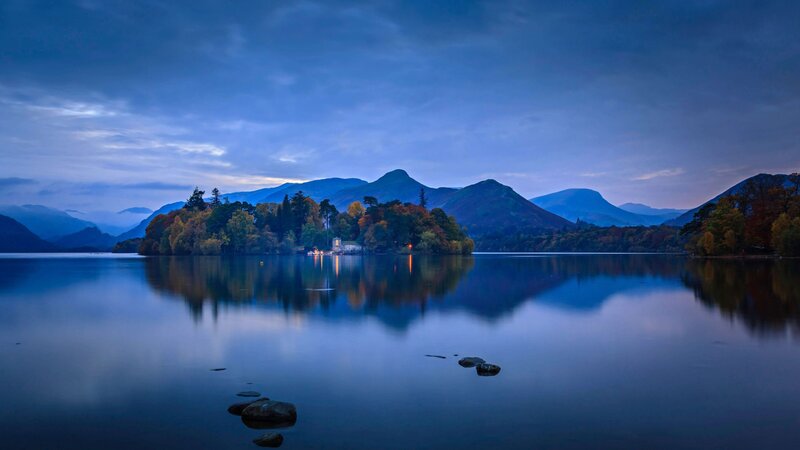 Island in Lake at Dusk — Blue, Serene, Night, Photograph