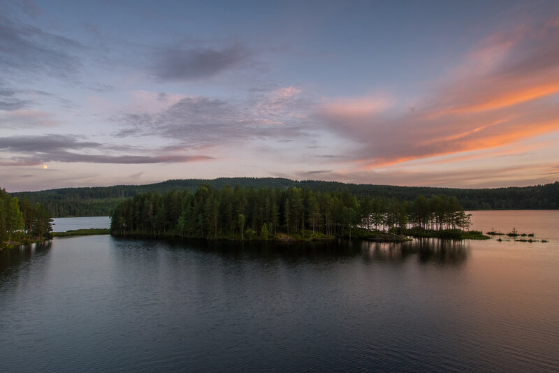 Island in Lake at Dusk — Blue, Serene, Sunset, Photograph, Forest
