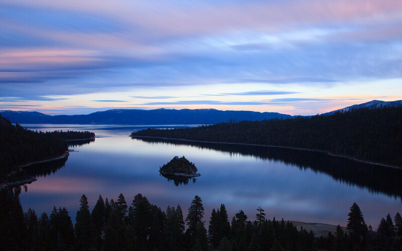 Island in Lake at Dusk — Blue, Serene, Sunset, Photograph