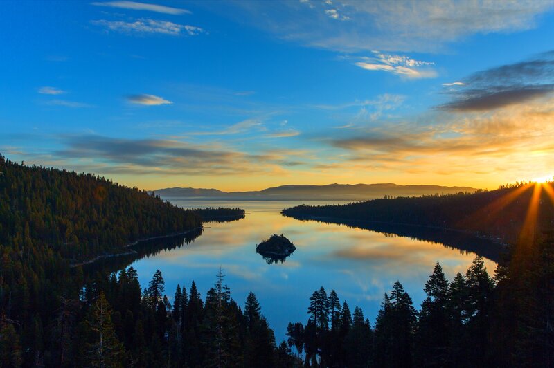 Island in Lake at Sunset — Blue, Serene, Photograph