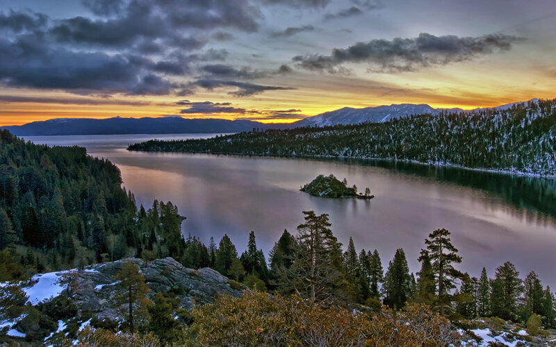 Island in Lake at Sunset — Blue, Serene