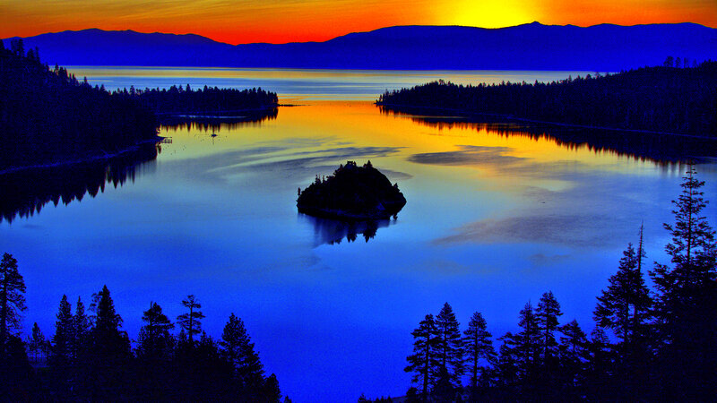 Island in Lake at Sunset — Blue