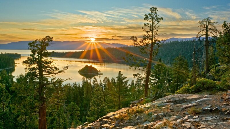 Island in Lake at Sunset — Green