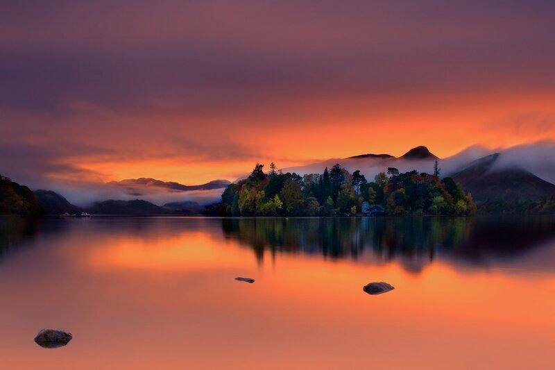 Island in Lake at Sunset — Orange, Serene, Photograph, Mountains, Trees