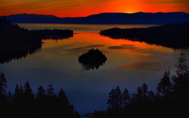 Island in Lake at Sunset — Orange, Serene, Photograph