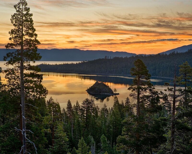 Island in Lake at Sunset — Orange, Serene