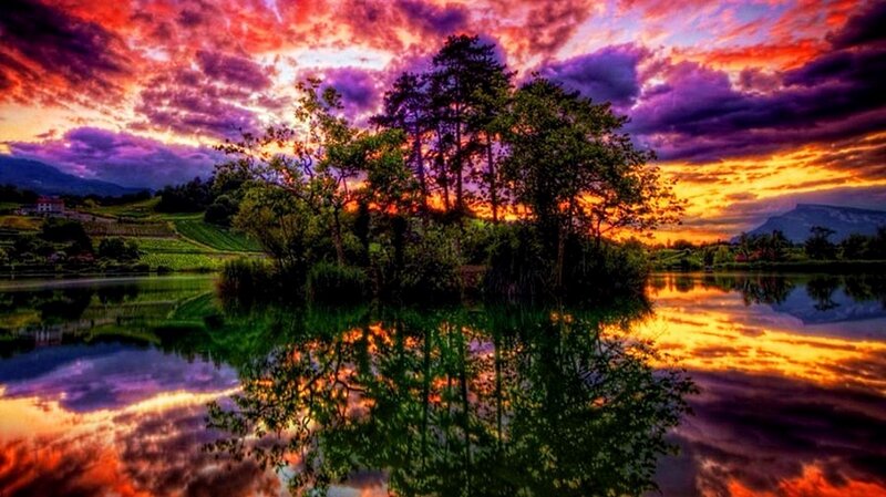 Island in Lake at Sunset — Purple, Dramatic, Photograph