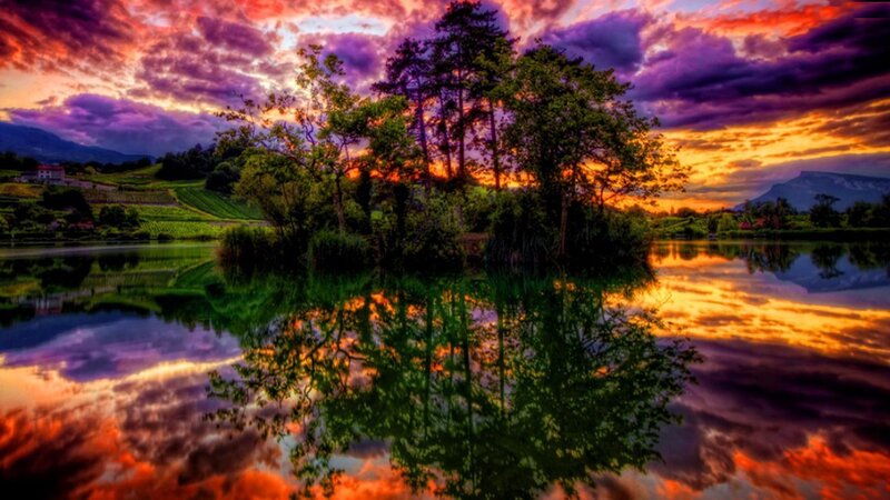 Island in Lake at Sunset — Purple, Dramatic