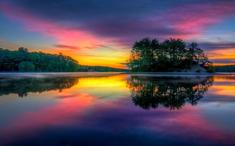 Island in Lake at Sunset — Purple, Serene