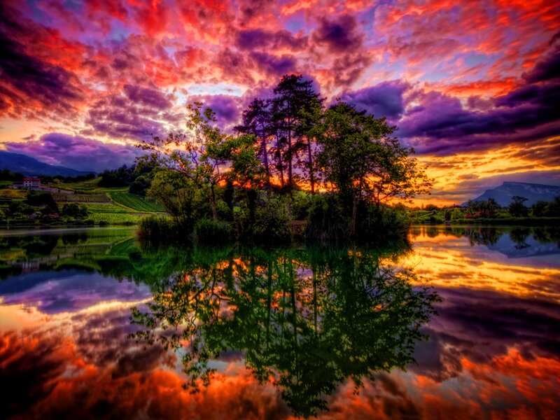 Island in Lake at Sunset — Purple