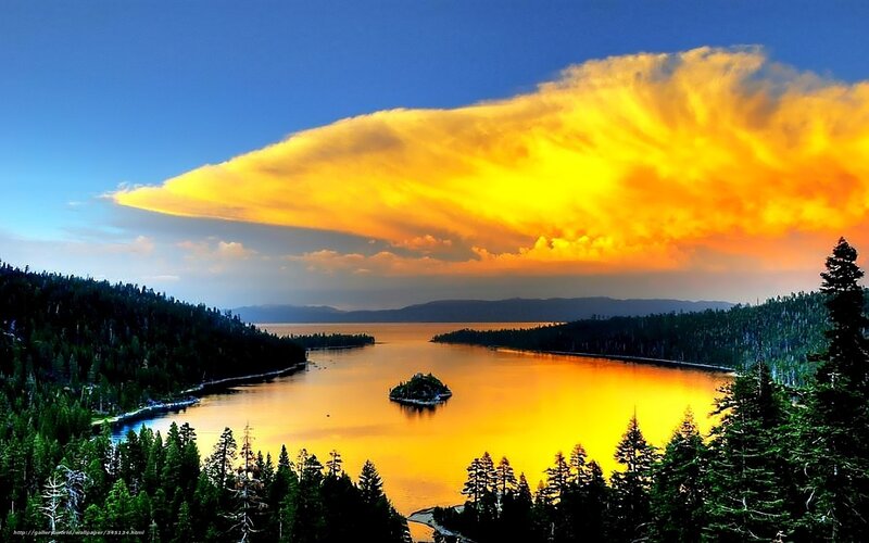 Island in Lake at Sunset — Yellow, Dramatic, Photograph, Clouds