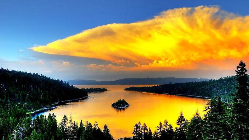 Island in Lake at Sunset — Yellow