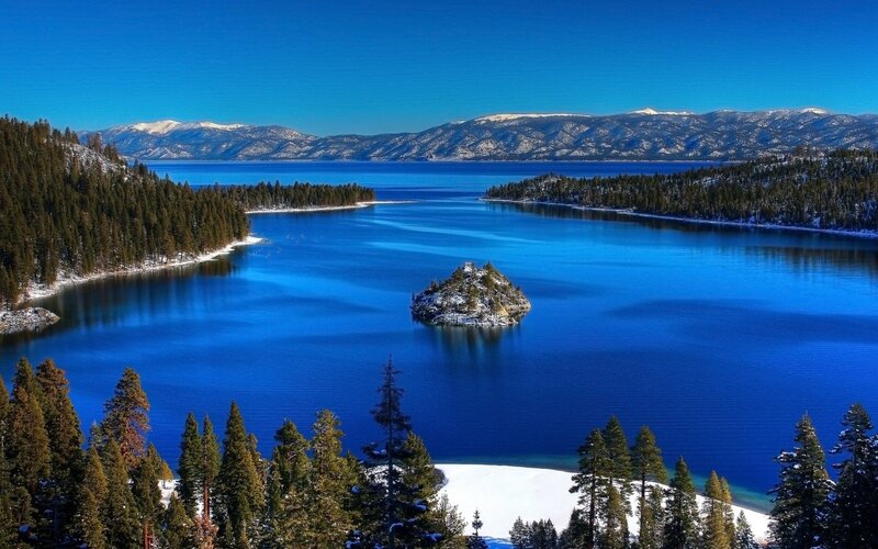 Island in Lake with Mountains — Blue, Serene, Winter, Photograph, Trees