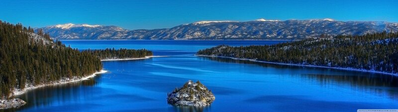 Island in Lake with Mountains — Blue, Serene, Winter