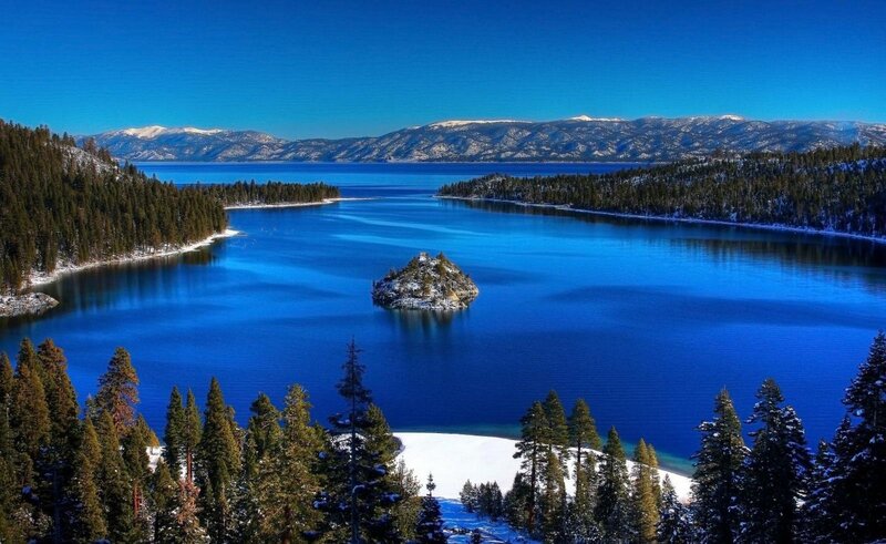 Island in Lake with Mountains — Blue