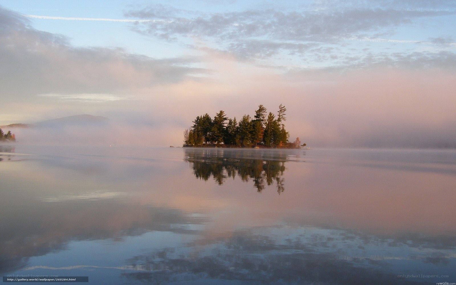 Island in misty lake at dawn