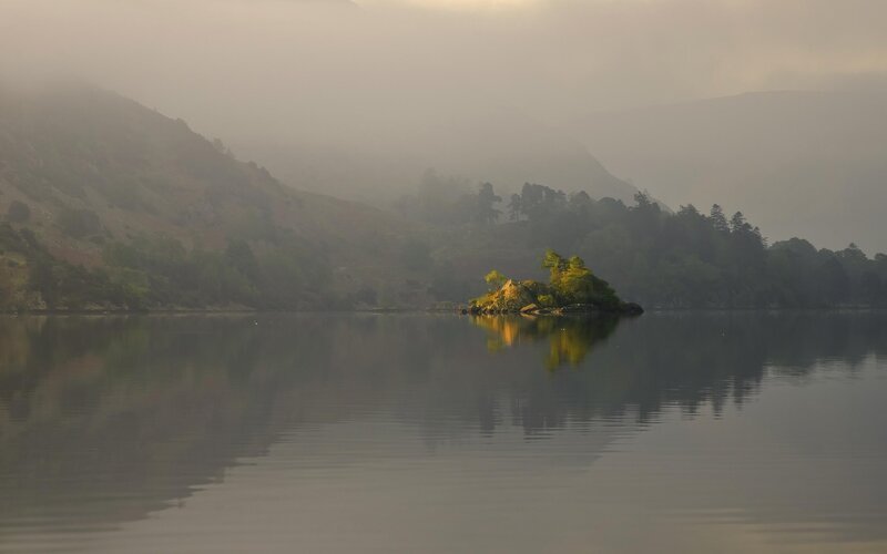 Island in Misty Lake — Gray