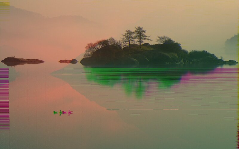 Island in Misty Lake — Green, Serene, Sunset