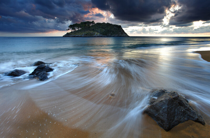 Island in Ocean at Sunset — Blue, Dramatic