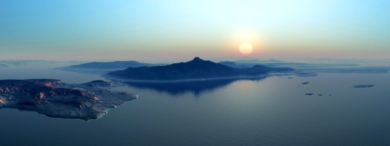 Island in Ocean at Sunset — Blue, Serene