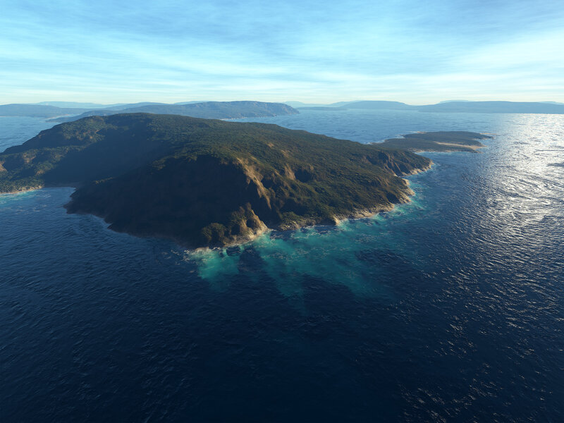Island in Ocean — Blue, Serene, Afternoon, 3d Render, Sky, Mountains