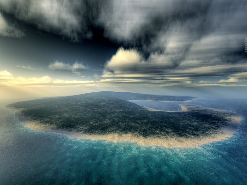 Island in Stormy Sea — Blue, Dramatic