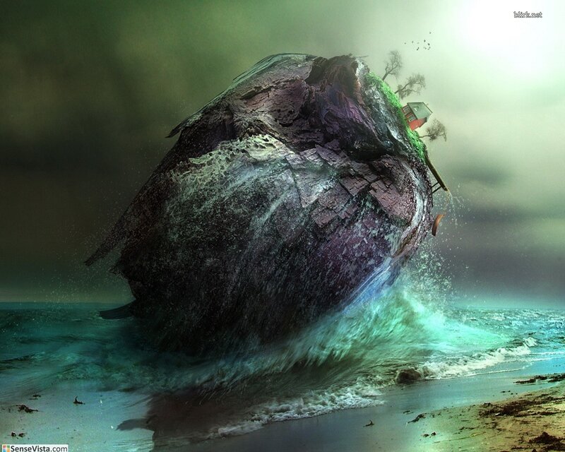 Island Rock in Stormy Sea