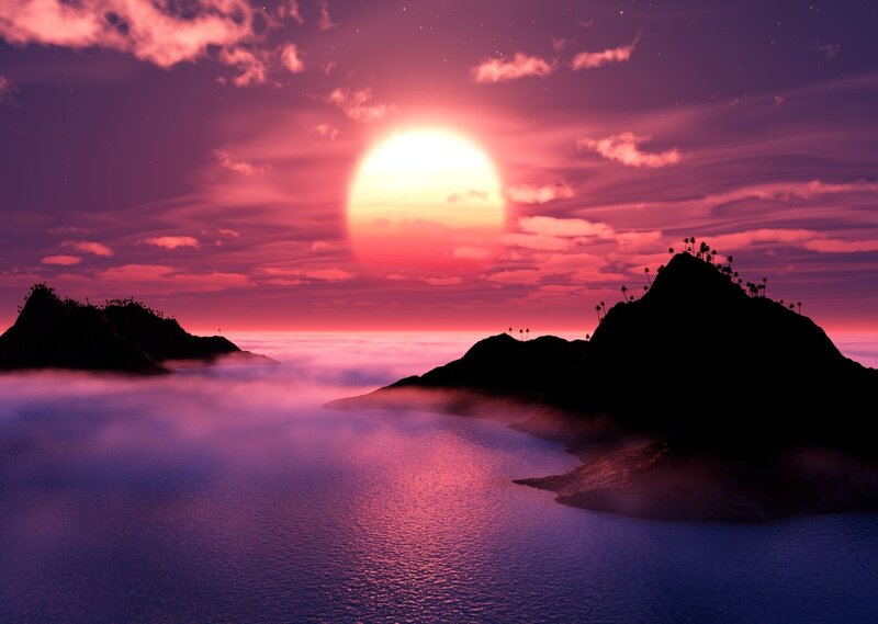Island Silhouette at Sunset — Purple