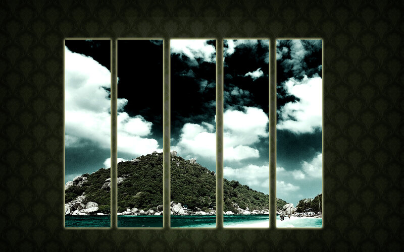 Island view through window panes