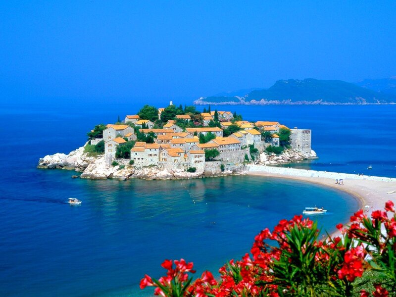 Island village in blue sea