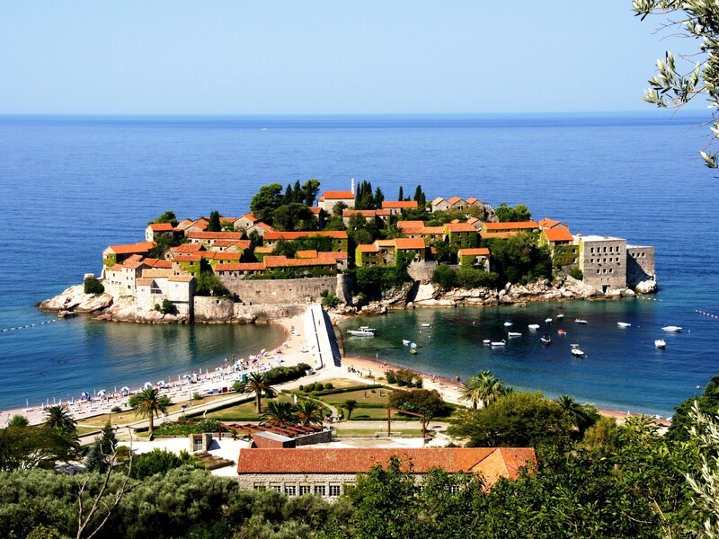 Island Village with Red Roofs — Blue, Serene