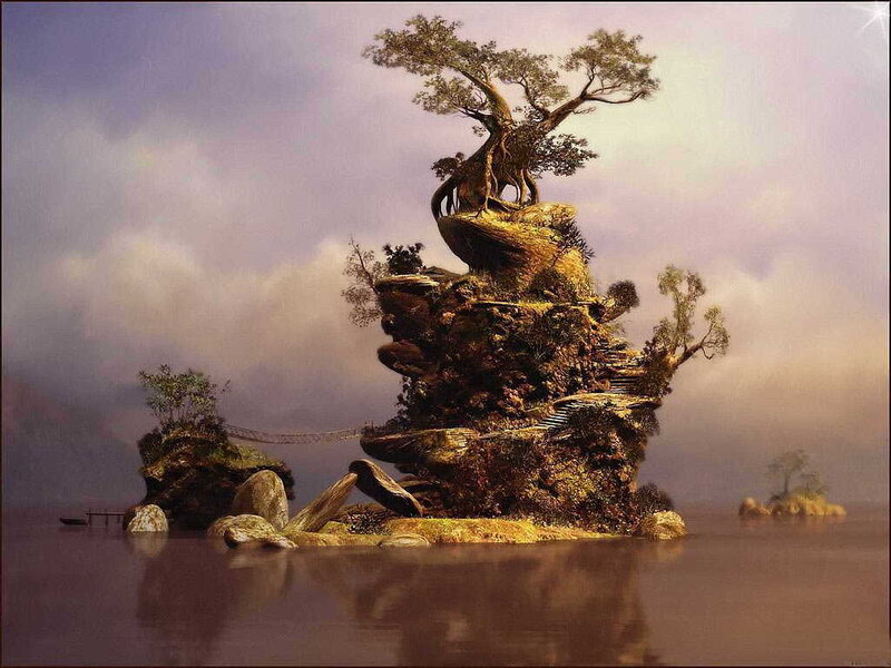 Island with a tree and bridge