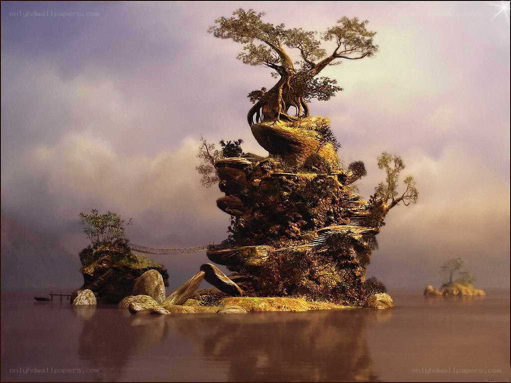 Island with a tree and bridge